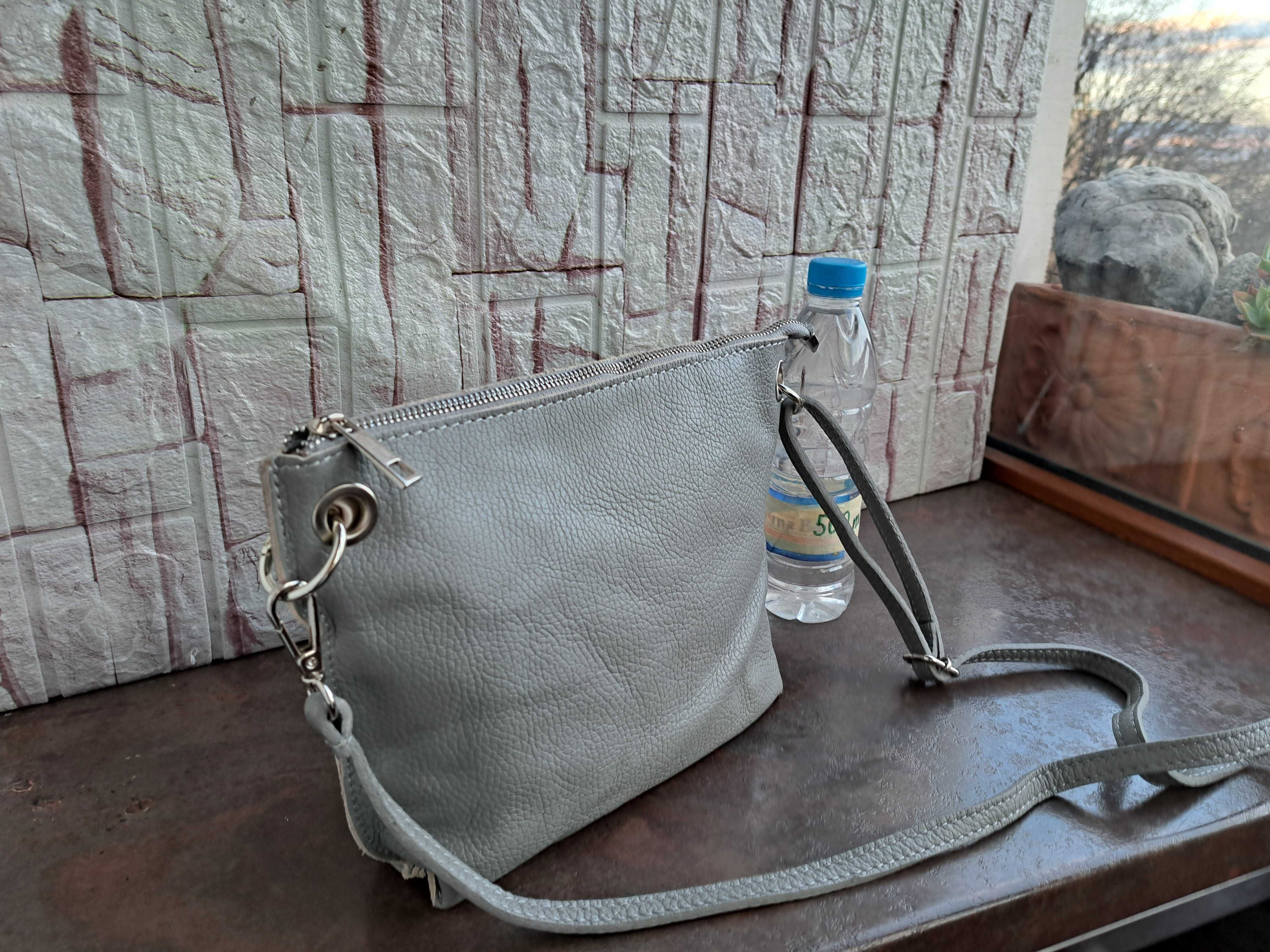 Нова! малка сива чанта-естествена кожа