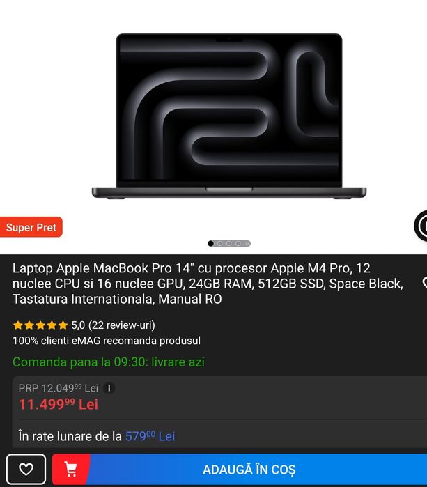 Apple MacBook Pro 14" cu procesor Apple M4 Pro,  24gb RAM, 2 ani garan