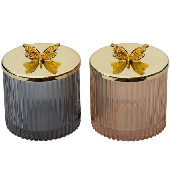 Буркан за свещ с капак „Пеперуда“ – релефно стъкло, 2 цвята