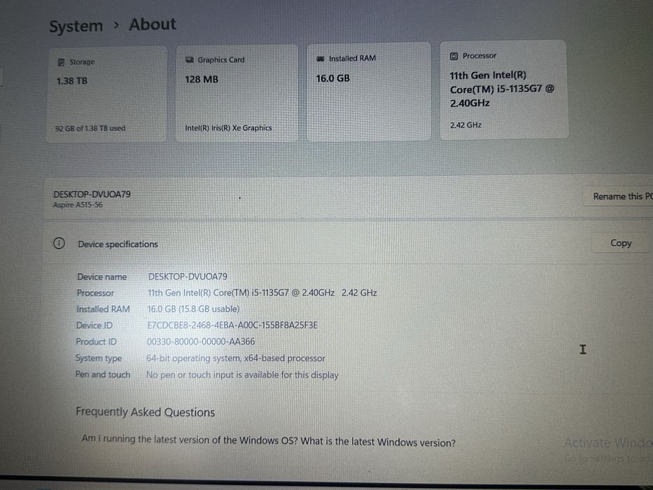 laptop Acer aspire 5 i5-gen11 2.40GHz 16gb Ram memorie 1TB