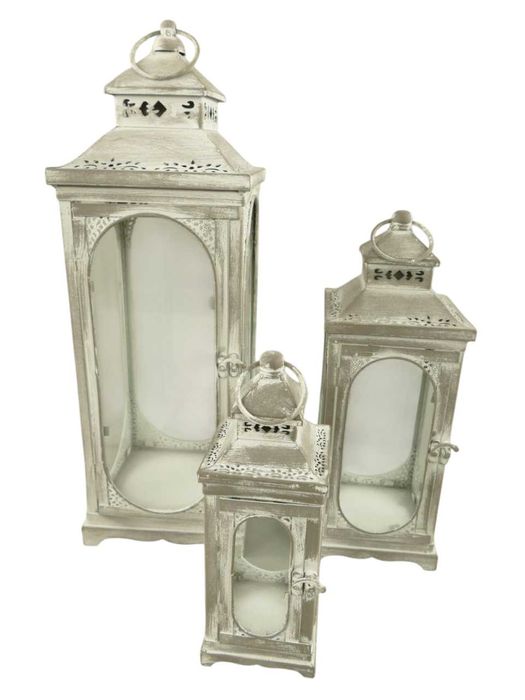 Set 3 felinare gri din fier si sticlă, H 25/34/50 cm, model vintage