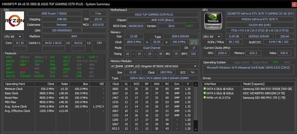 32 GB RAM, 2x16 GB 3600Mhz, CL 16; Kingston KF3600C16D4/16GX