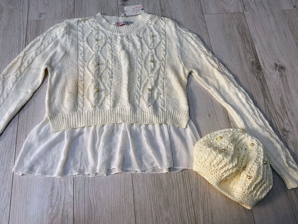 SET Pulover si bereta cu perle aplicate, model deosebit