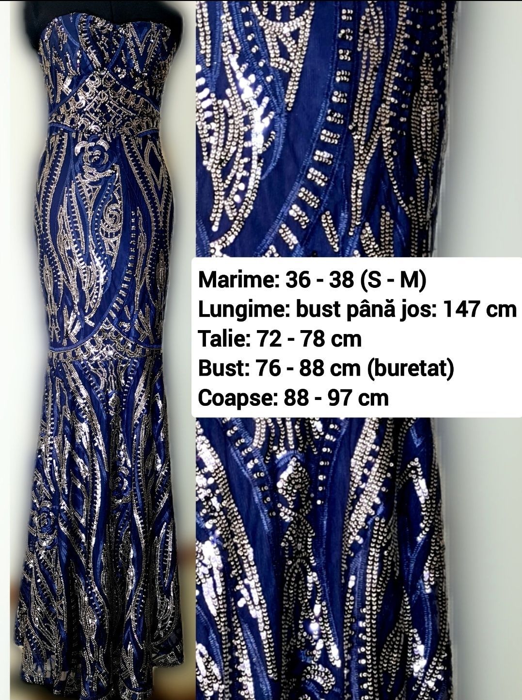 Rochie lunga LUX ocazie paiete albastra S 36 - M 38 - L 40