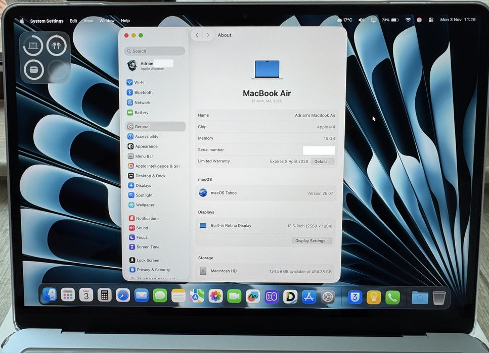 Apple MacBook Air 13” M4 , 512 GB , 16 GB Ram, 10 CPU 10 GPU , Skyblue