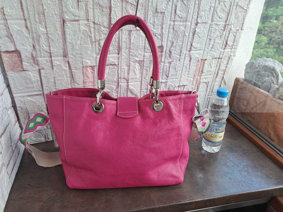 дамска чанта,цикламено розова кожена торба-естествена кожа