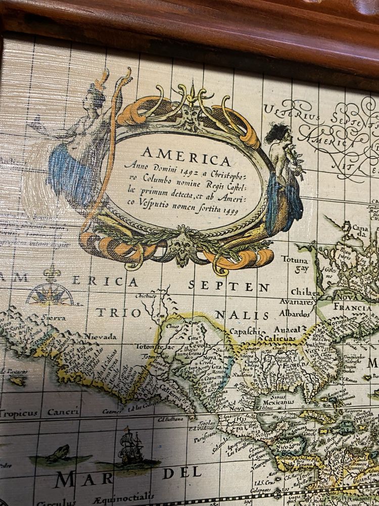 Tablou rama lemn cu harta Americilor si Europei 1492-1499