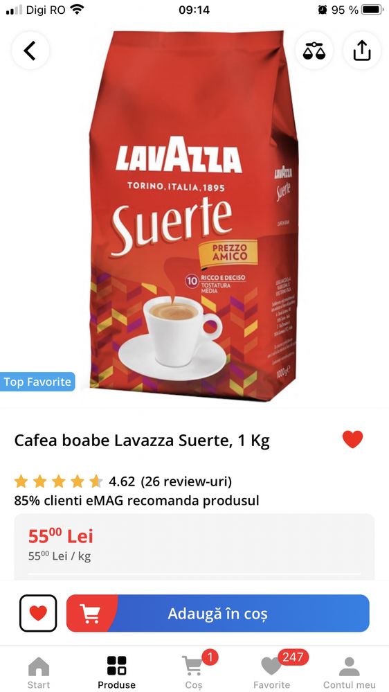 Cafea boabe LAVAZZA Suerte, 1 kg (transport gratuit)