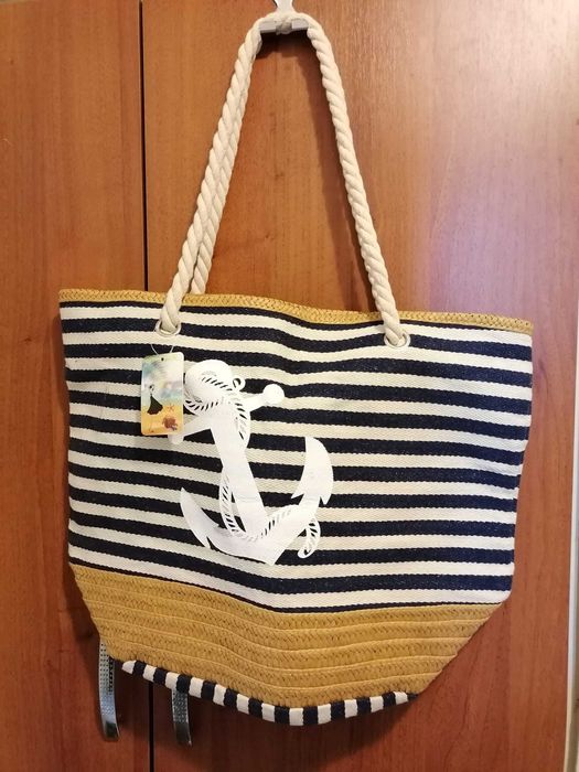 Geanta de plaja din material textil cu captusala si buzunar interior