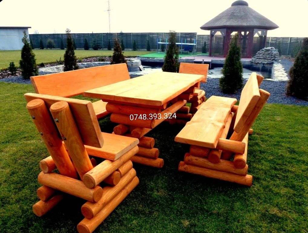 Set masa cu băncuțe scaune lemn terasă foișor leagan