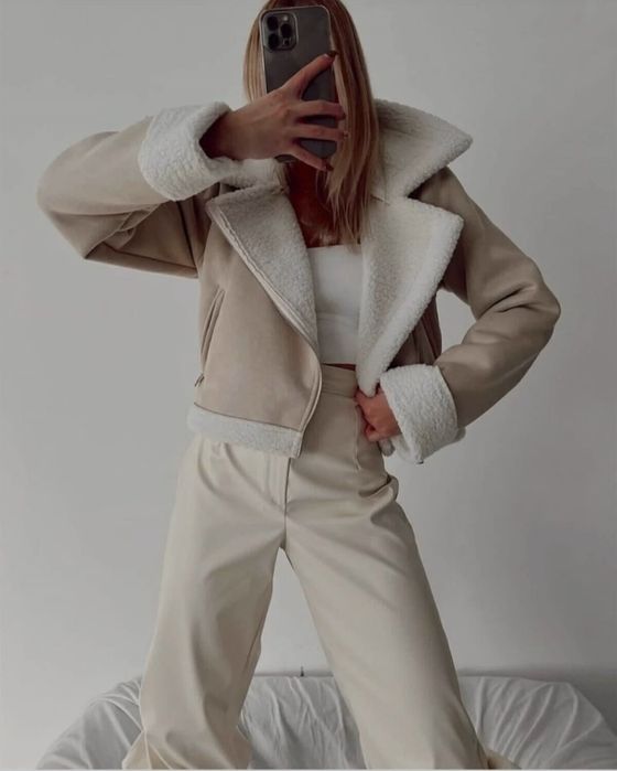 Ayollar uchun kuz qish mavsumida moʻyna yoqali zamsh jeket