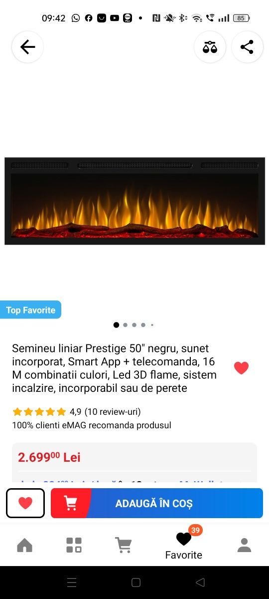 Semineu liniar Prestige 50" negru, sunet incorporat, Smart App + telec