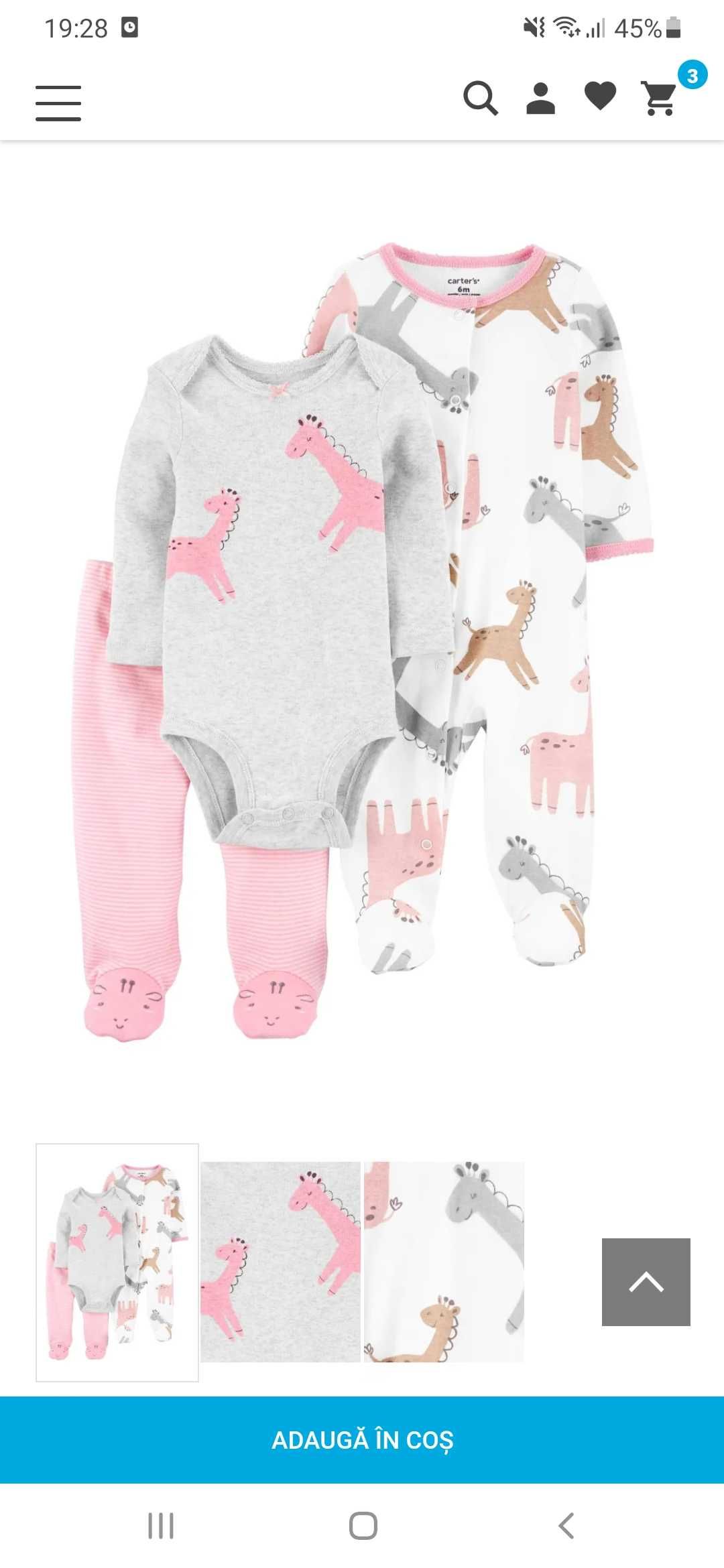 Carter's Set 3 piese pantaloni body si pijama Girafa 0 - 3 luni