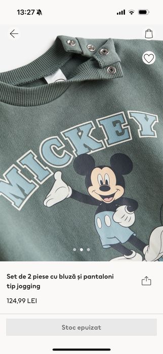 Vând set 2 piese H&M cu bluză și pantaloni 74 Mickey (nou cu etichetă)