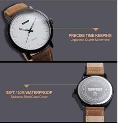 Ceas de mana, cuart analogic, impermeabil, curea piele, clasic, alb