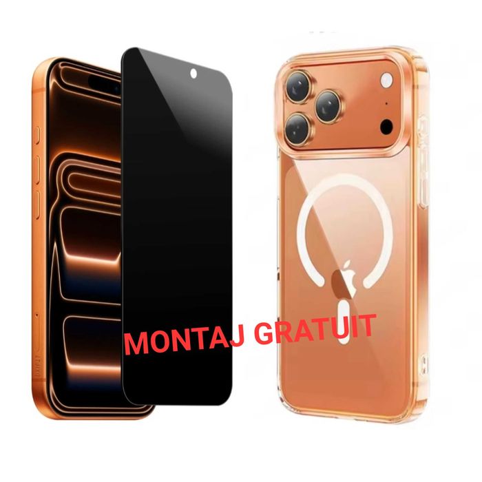 Set - Husa MagSafe + Folie Sticla Privacy - iPhone 15 16 17 Pro Max