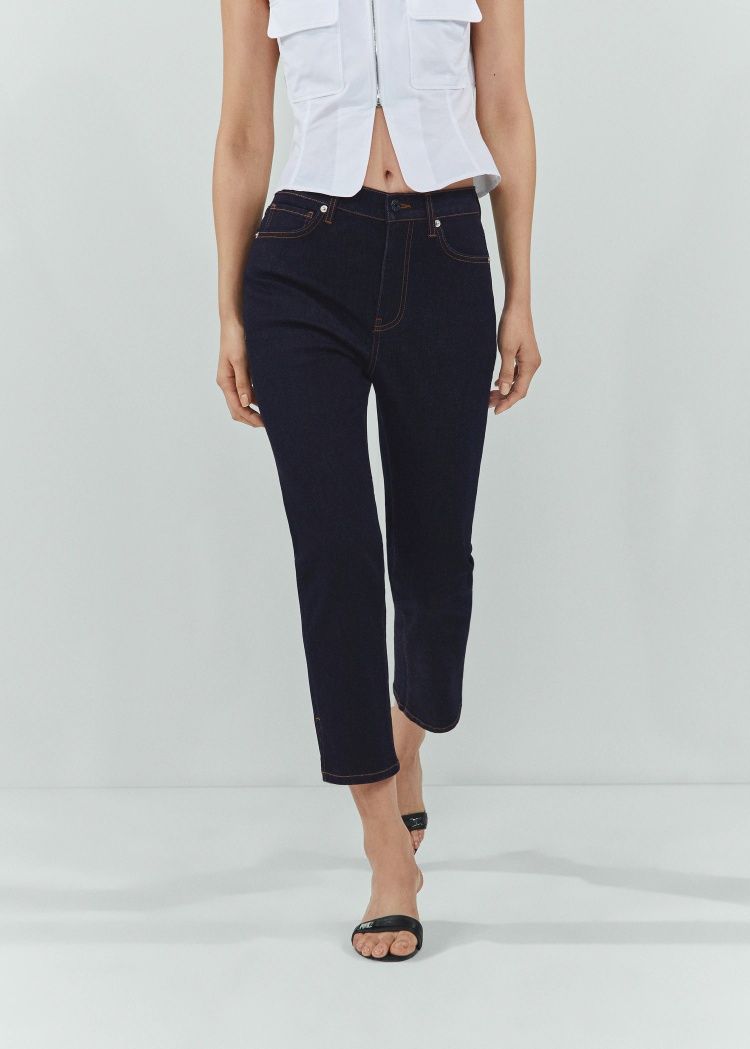 Ластични дънки S/36 capri сини индиго висока талия цепки skinny jeans