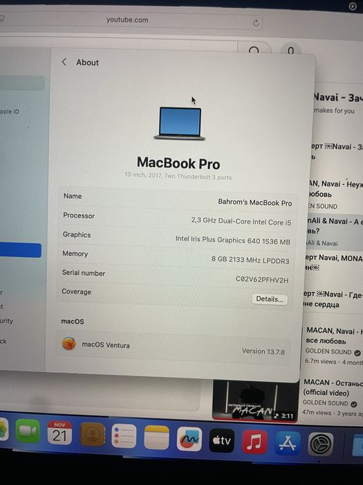 Macbook pro 2017 8/256 xolati ideal 10/10 qulay va ihcham juda yengil