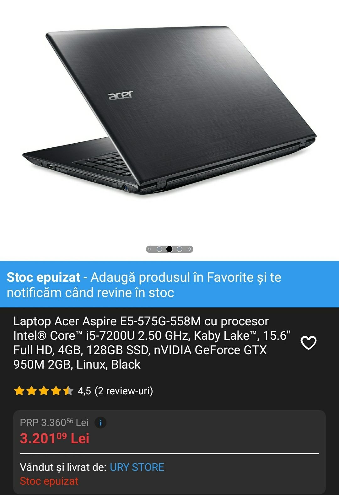 Laptop Gaming Facultate Acer Aspire E5-575G 950m, i7 7500, 8gb ram