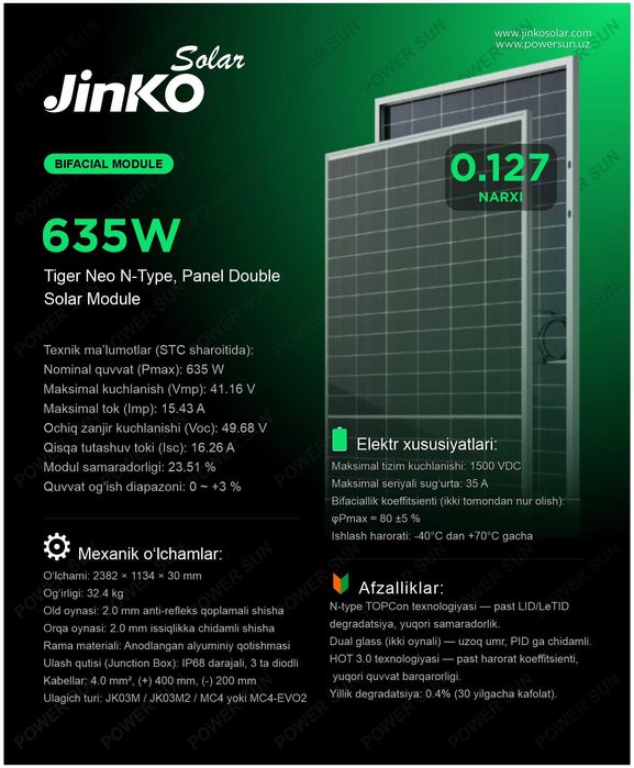 635Вт икки томонлама JinkoSolar панель — Дистрибьютордан!