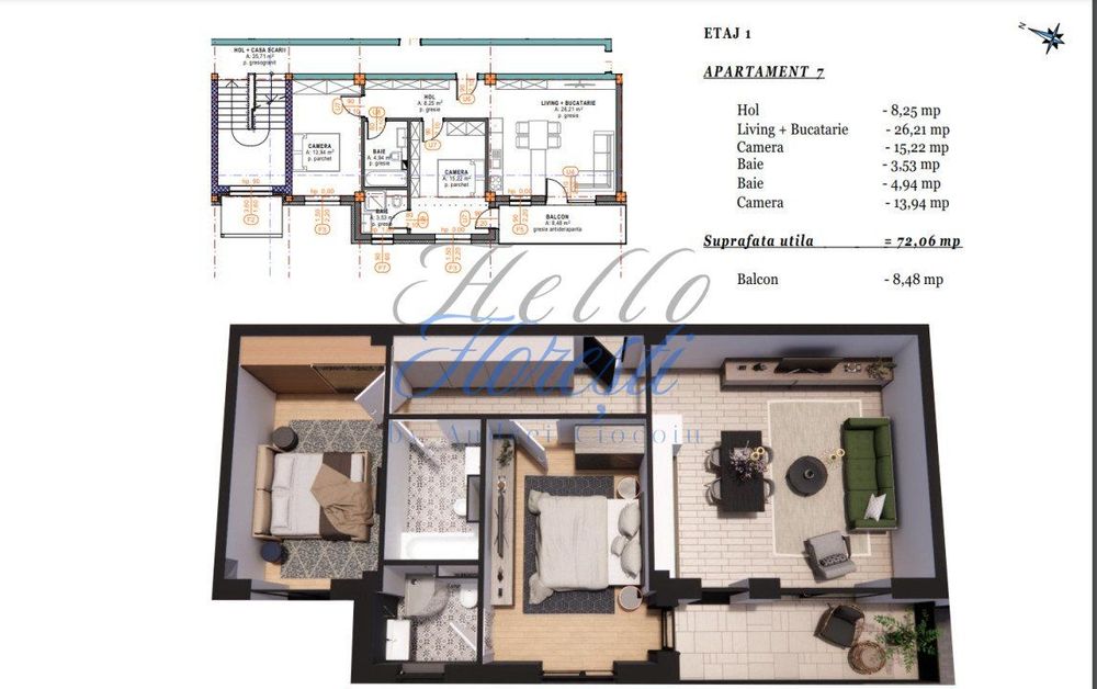 Apartament 3 camere cu terasa, semifinisat, 72 mp, zona Terra Gardens,