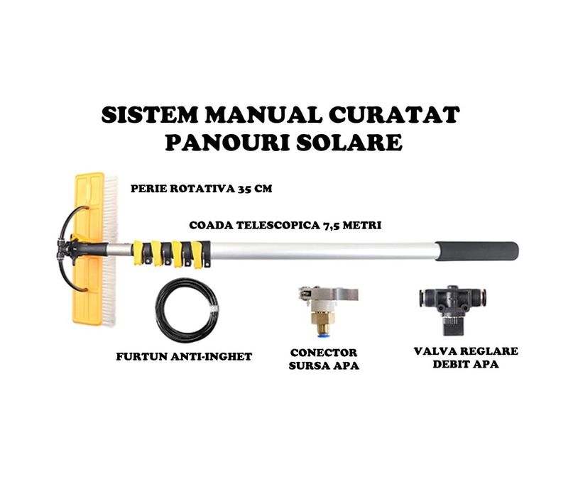Sistem cu perie pentru curatat panouri fotovoltaice cu coada de 7.5m