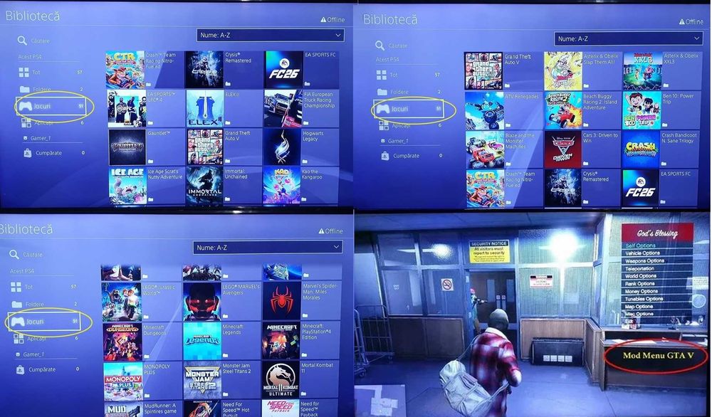 45 jocuri+PS4 1TB modat cu 2 Manete, cu FC 26, GTA V Mod Menu, MK 11