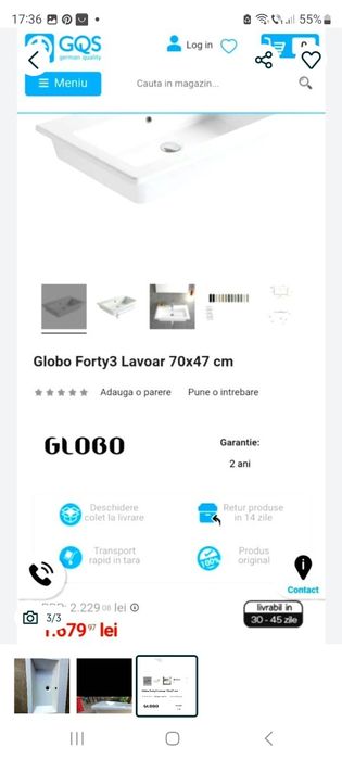 Lavoar globo forty3, montaj pe blat