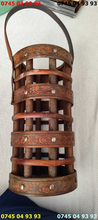 suport recipient din lemn si piele vintage