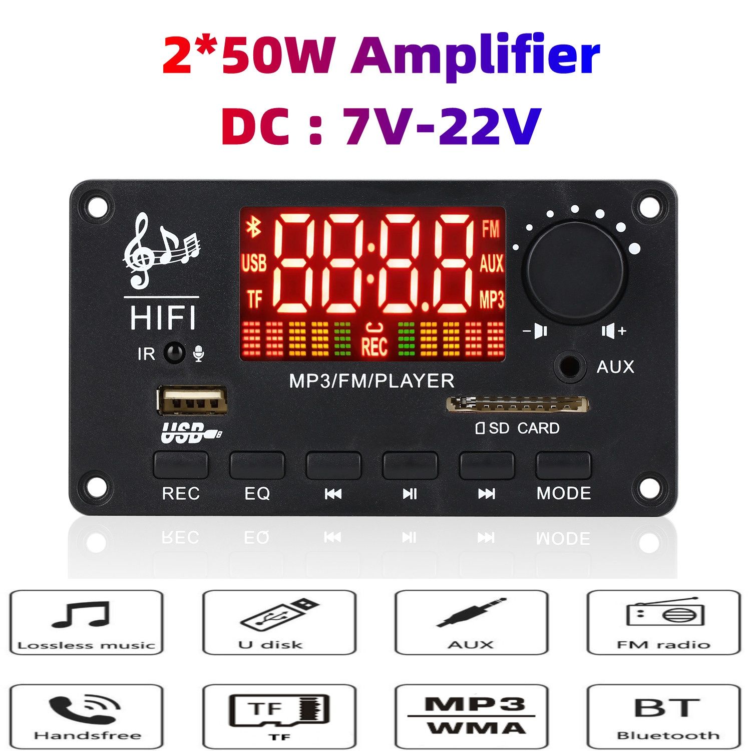 Мп3 плеър с Блутут 5.0, 2*50W/DC 7V-22V, Папки, Фм,SD, AUX