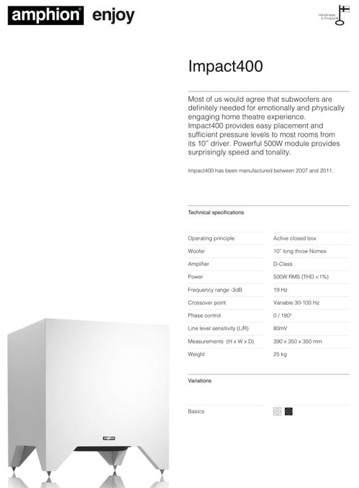 AMPHION Impact400 SUPER Subwoofer ACTIV 500W 19Hz Preț LISTĂ1200€ 25Kg