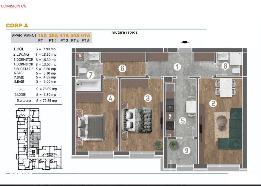 Apartament 3 camere | 2 bai | Balcon | Etaj 3 | Berceni – Grand Arena