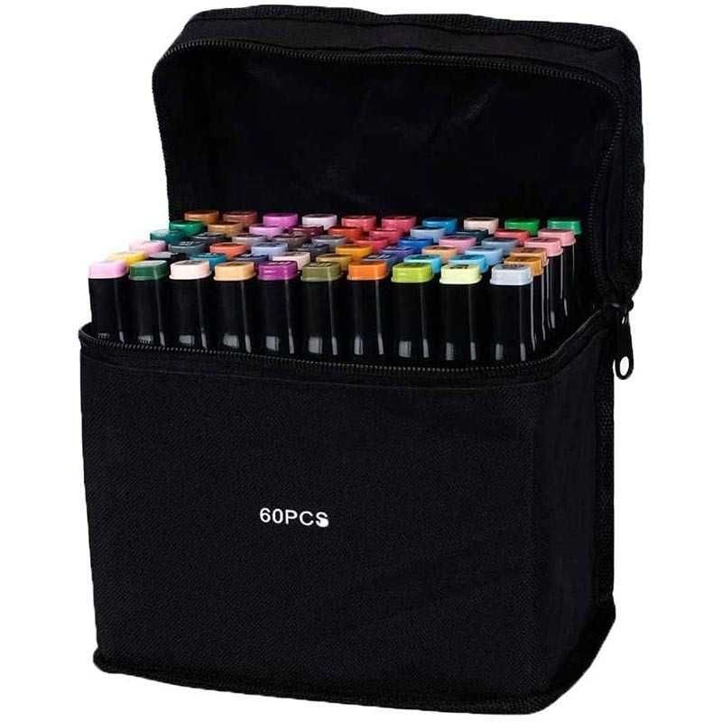 Set 80 carioci cu varf dublu, culori diverse, geanta depozitare