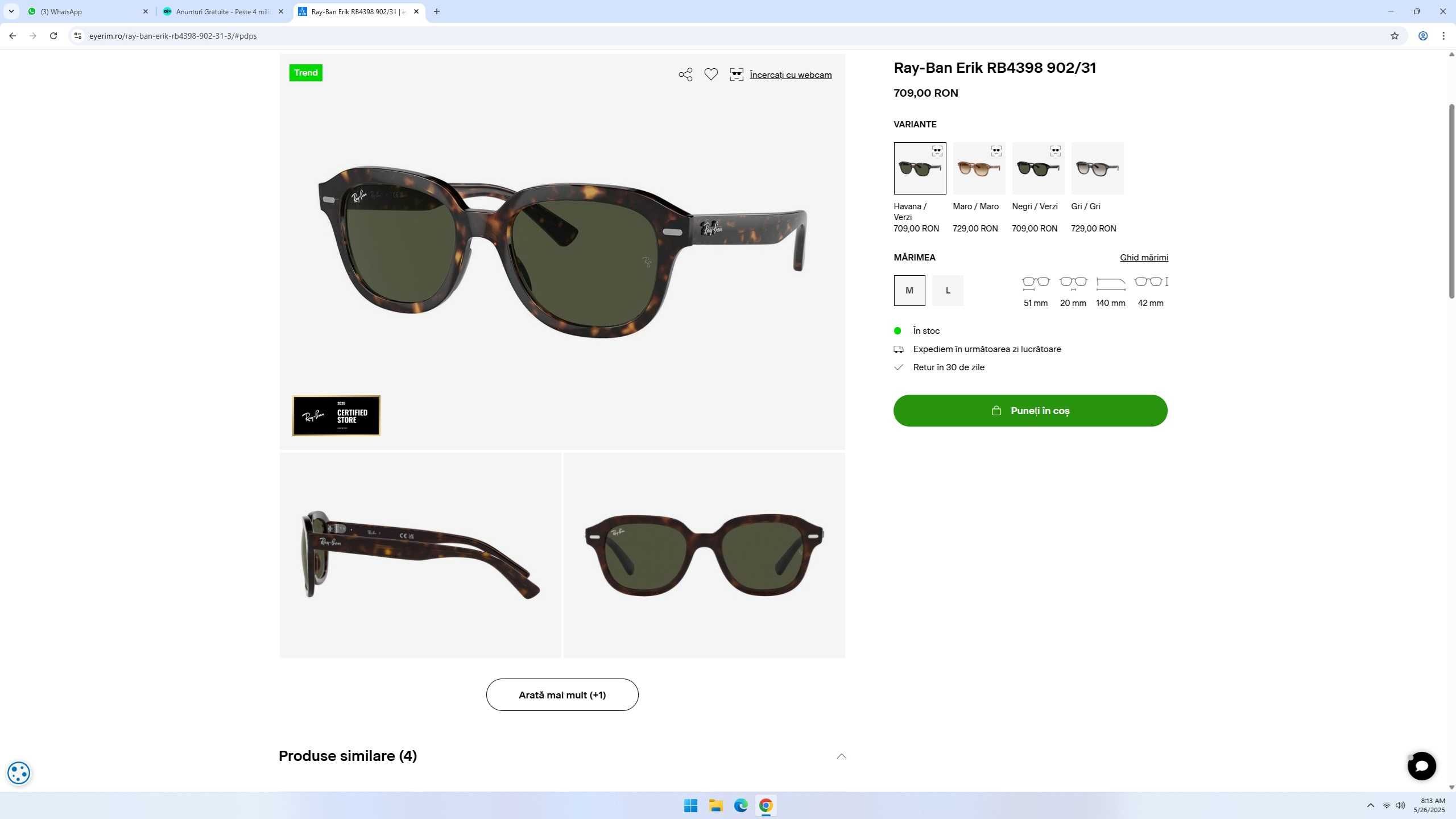 Ochelari de soare RayBan Erik unisex model deosebit reducere 50%!