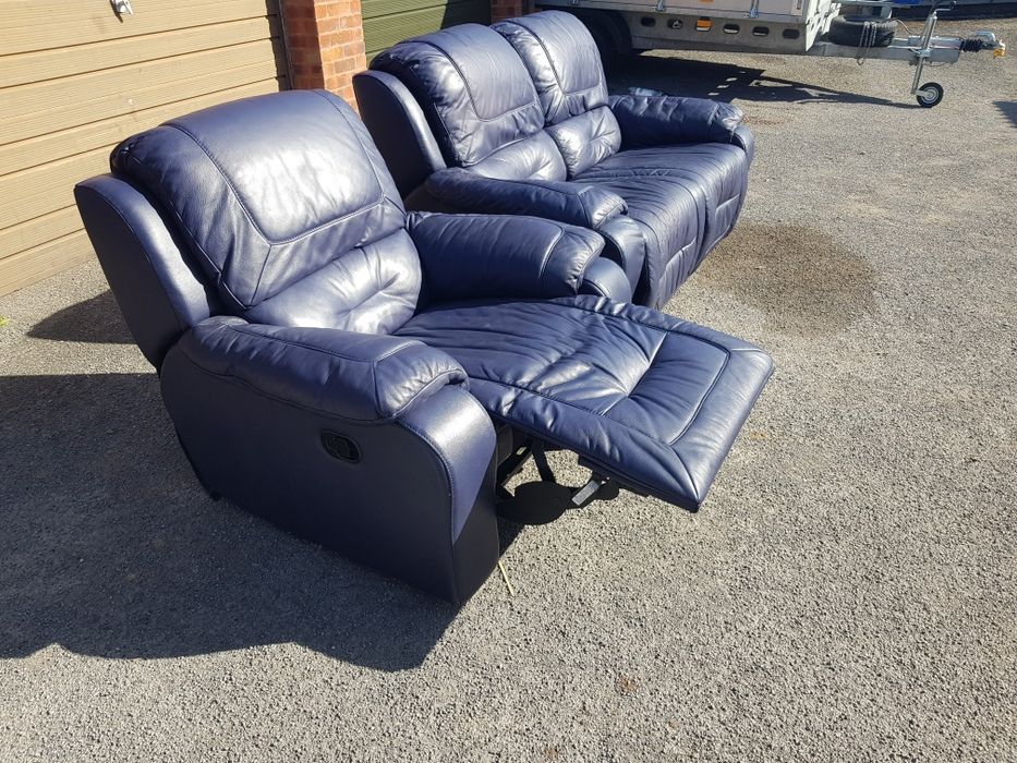 Canapea piele albastru si fotoliu recliner