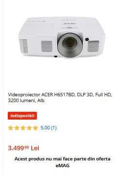 Videoproiector ACER H6517BD, DLP 3D Full HD, 3200 lumeni ca nou 40 ore