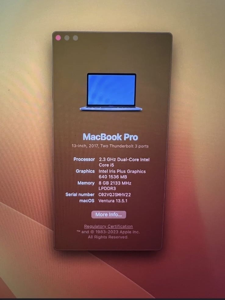 MacBook Pro 13” 2017, 8GB RAM, 128 GB SSD, 2.3 GHz Intel
