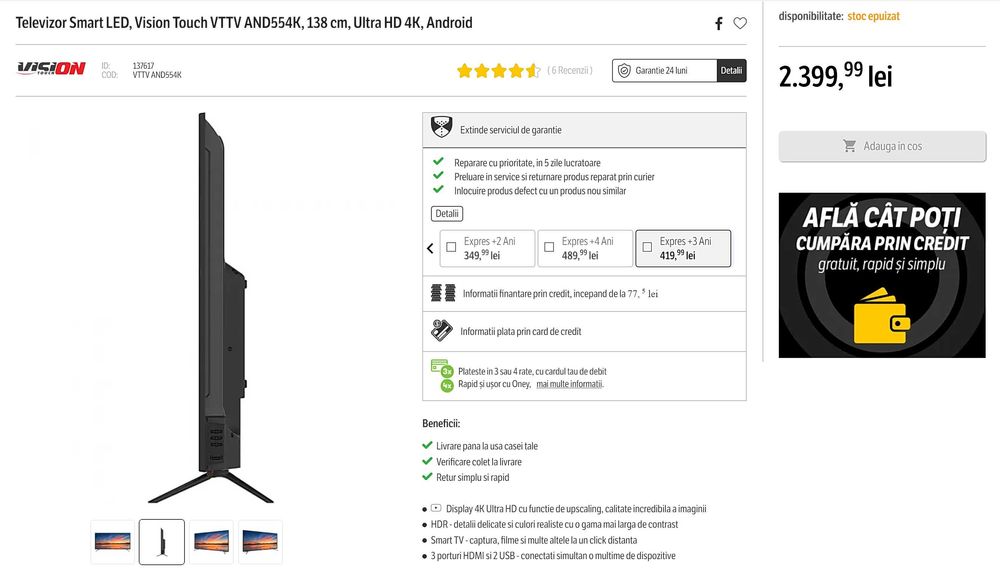 Smart TV UHD 4K -55 inch model Vision Touch VTTV AND554K