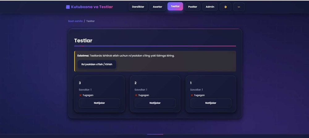 Maktablar uchun Web-sayt ichida testlar,admin panel hammasi ichida bor