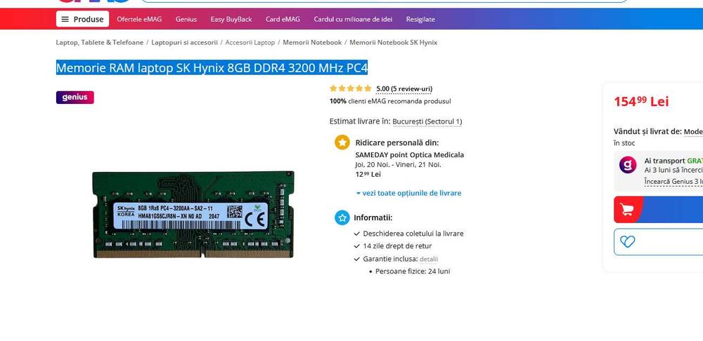 Memorie RAM laptop SK Hynix 8GB DDR4 3200 MHz PC4