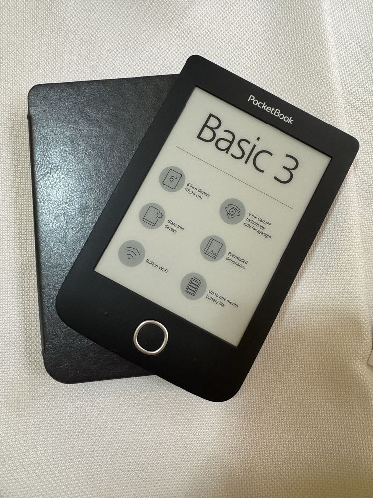 PocketBook Basic 3 (модел 614W) – Черен + оригинална кожена калъфка