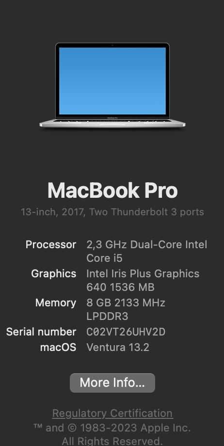 macbook pro 13 inch core i5 8GB 256SSD