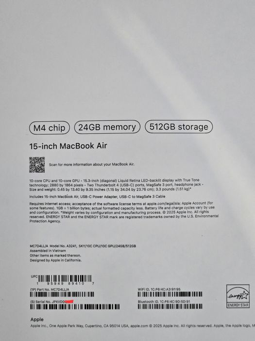 MacBook Air 15 M4 24/512 новый