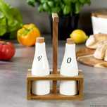 Set recipiente portelan, ulei si otet, cu suport din lemn de salcam,