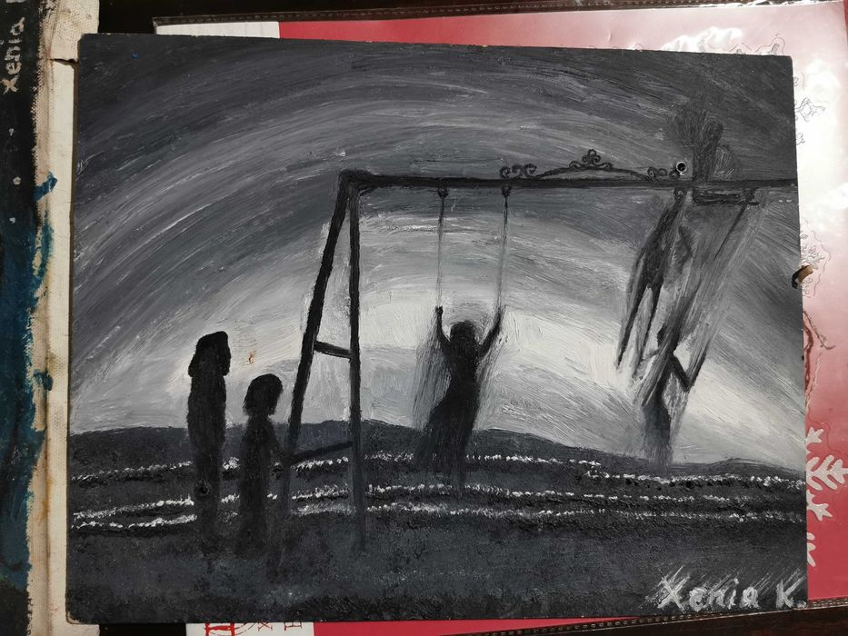 Tablou original ulei pe lemn, alb-negru, Fantome în parc