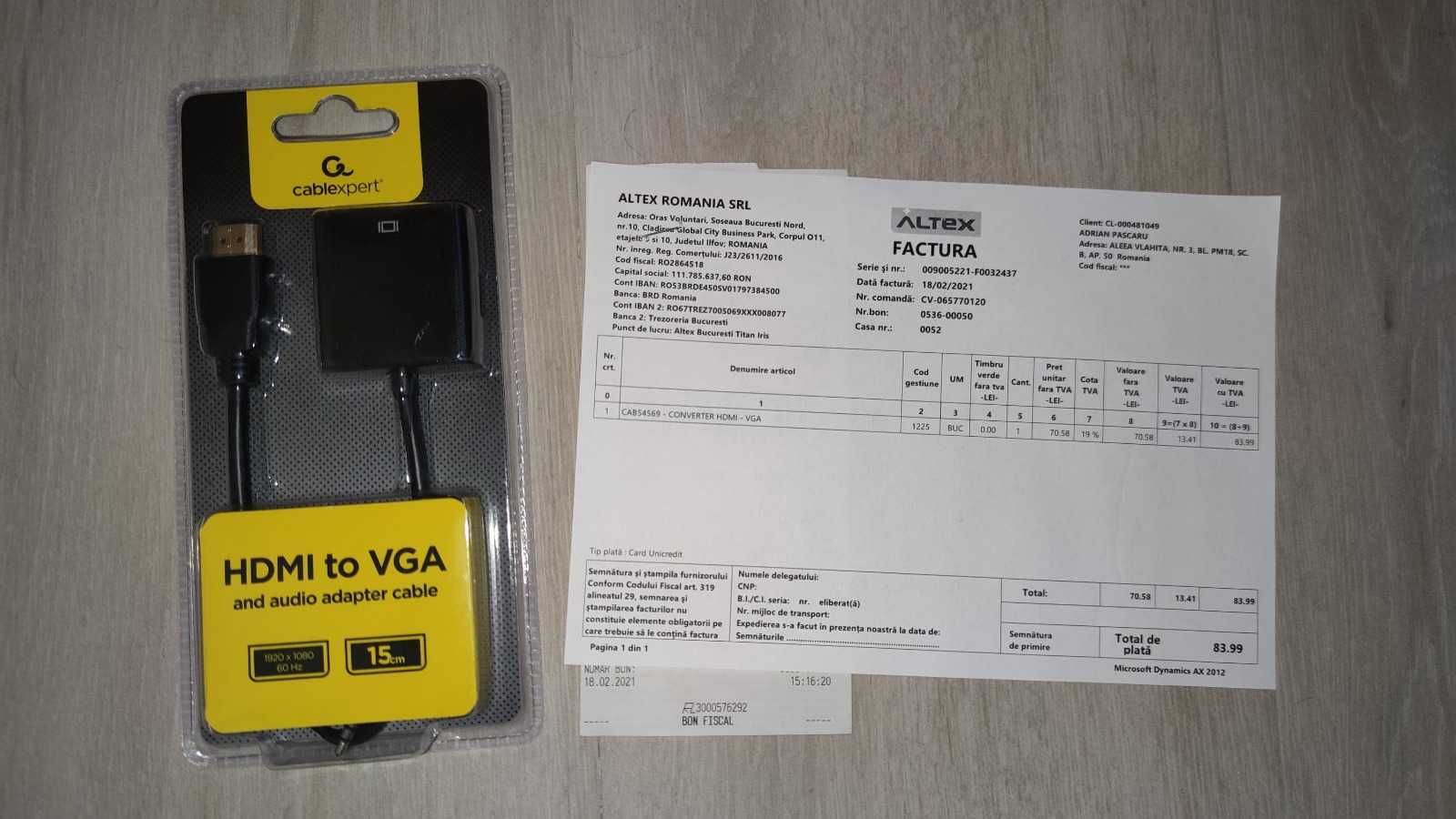 Adaptor/convertor semnal HDMI (digital)la VGA(analog),cu sunet,SIGILAT