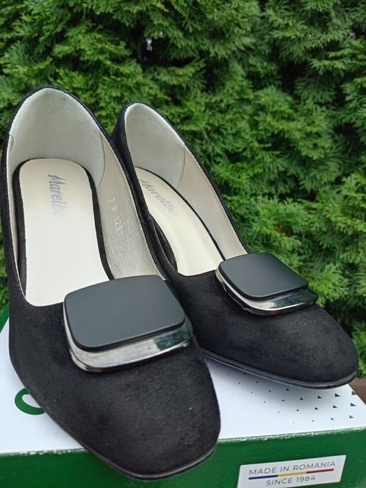 Pantofi negri piele antilopă Marelbo, nr. 37, toc 7,5 cm, preț fix