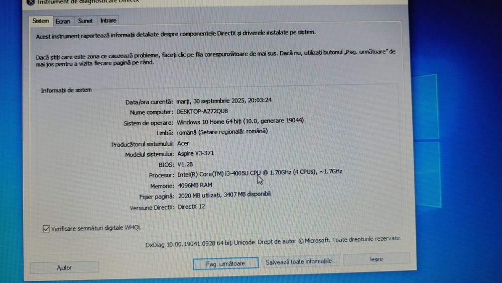 Laptop Acer 14 inch i3 gen 4 / 4 GB RAM / Ssd 120 gb