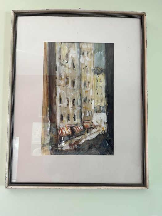 Антикварна Картина в рамка със стъкло акварел пазар градски етюд