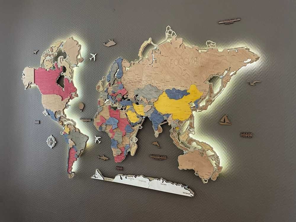 3D Карта мира из дерева. Декор/Интерьер/ Подарок/Дизайн/Подсветка №26